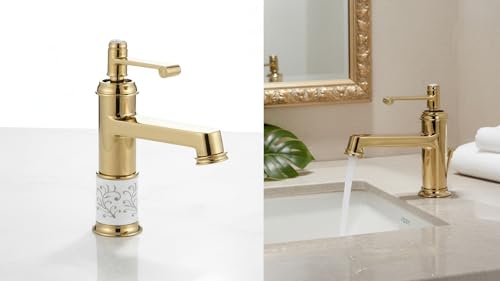 Luxury Gold Brass Bathroom Sink Faucet | Premium Ceramic Basin Mixer Tap with Single Handle | Anti-Rust Deck Mount Hot & Cold Water Tap for Home, Bathroom & Kitchen Vanity