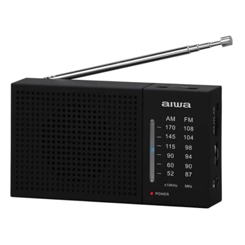 Aiwa Radio Portátil Am/FM Analógica AWFML2, Altavoz 1.5”, Antena Telescópica, Funciona con 2 Pilas AA, Entrada Audífonos 3.5 mm, Compacta y Ligera, Color Negro