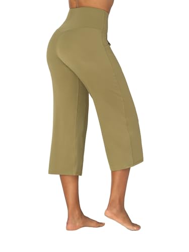 SUNZEL WIDE LEG CAPRI PANTS FOR WOMEN, HIGH WAISTED YOGA PANTS WITH POCKETS, TUMMY CONTROL LOOSE CASUAL CROPPED FLARE PANTS 23″ OLIVE GREEN LARGE
