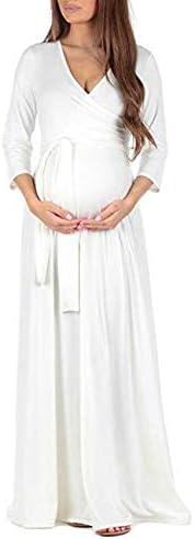 HMei Maternity Dress Women's 3/4 Sleeve Faux Wrap V Neck Long Maxi Dresses with Belt