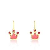 Little Miss Twin Stars Rocking Royalty 14k Gold-Plated Pink Enamel Crown On Leverback Girls Earring