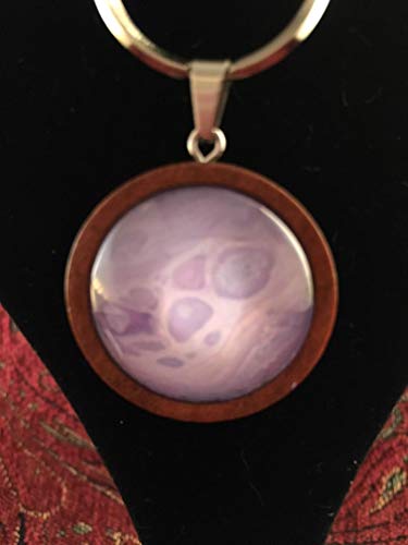 Wooden Key Chain Stunning One of a Kind Round Pendant Abstract Acrylic Pouring/Fluid Art Key Fob Silver Cabochon (25mm) Lavender, Purples and White #28 - Thumbnail 2