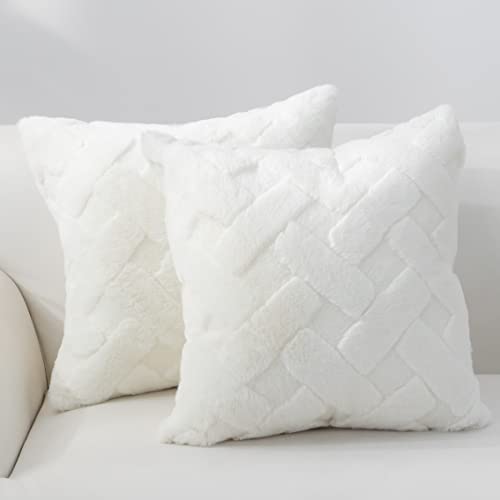 Cozy Bliss Faux Fur Pillow Covers Luxury Super Soft Plush Fleece Throw Pillowcase, Textured Knitted Cushion Cover Decorative Pillowcases for Sofa Couch Bed Chair Car (Cream, 18\