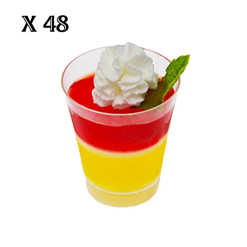 Loreso Round Clear Plastic Disposable Shooter Cups for Serving Desserts, Fruits & Appetizers - Elegant Mini Circular Cups for Parties, Weddings, Sampling, Tasting - Reusable Round Shooters (48CT)
