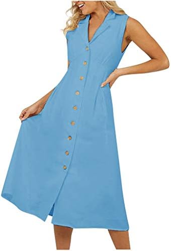 Womens V Neck Dress Sleeveless Button Down Cotton Linen Summer Casual Swing Maxi Dresses