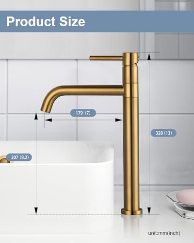ARCORA High Basin Tap, High Single Lever Mixer, 360° Rotating, Ceramic Cartridge, Solid Brass Stainless Steel, Smooth Temperature Adjustment, for Bathroom Sink, Gold