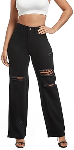 Aodrusa Wide Leg Black Jeans Woman High Waisted Ripped Denim