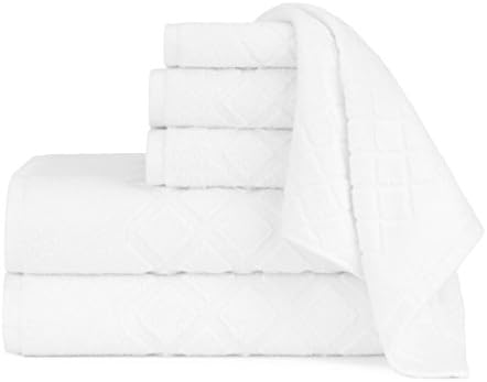6 Piece White Jacquard Towel Set, Diamond Pattern Theme Solid Colored Textured Bath Towels Sleek Trendy Modern Bathroom Shower Hand Washcloth Shower Bathtub, Cotton