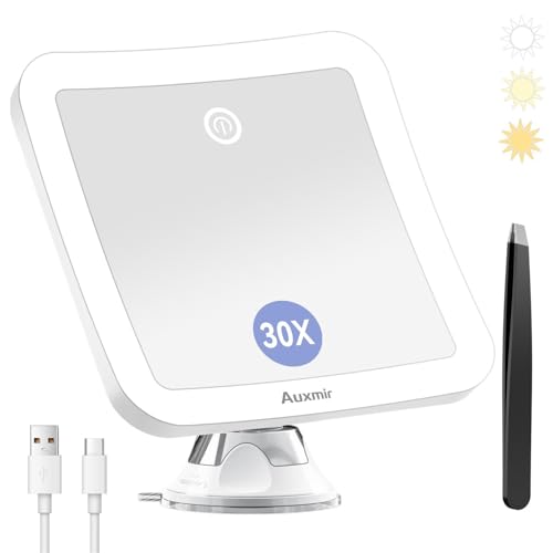 Auxmir 30X Rechargeable Magnifying Mirror, Makeup Mirror with 3 LED Light Colours, Adjustable Brightness Powerful Suction Cup, Bathroom Cosmetic Mirror