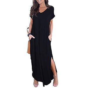 GRECERELLE Women’s Casual Loose Pocket Long Dress Short Sleeve Split Maxi Dresses
