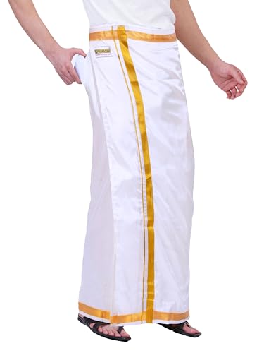 PRAKASAM COTTON Men's Double Layers Art Silk Welcro Pocket Dhoti 38 White at Amazon