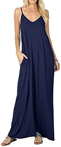 SportsX Womens Solid Colored Big Pockets Backless Camisole Slip Long Maxi Dress