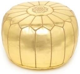 Moroccan Leather Pouf Footstool with Embroidery [STUFFED] Metalllic Gold [SHIPS FROM WITHIN USA]