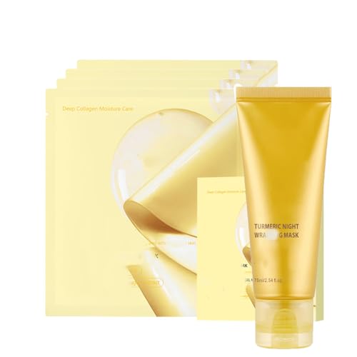 4 PCS Kojic Acid Turmeric Brightening Gold Jelly Gel Mask Overnight Face Mask+ 1PC Kojic Acid Turmeric Collagen Night Wrapping Mask, Korean Skincare for Skin Elasticity, Firming & Moisturizing