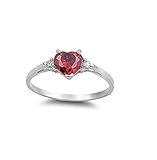 Heart Simulated Ruby Cubic Zirconia Ring Sterling Silver 925 (Sizes 3-15)