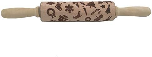 Christmas Rolling Pin Engraved Carved Wood Embossed Elk Snowflake Kitchen Tool,DIY Cookies Embossing Patterned Roller for Fondant Cake Dough Biscuit, Baking Xmas Housewarming Gift/Bell socks/35cm