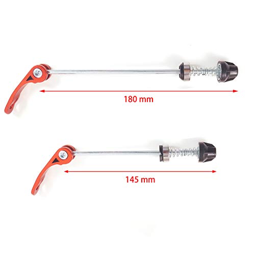 DEERU Road Mountain Bicycle MTB Wheel Hub Front and Rear Skewers Quick Release Clip Bolt Lever Axle QR 145/185 mm, a Pair (Silver Skewer - Red)