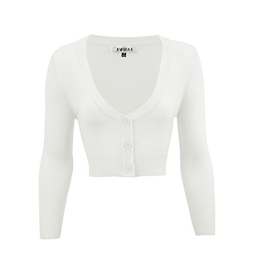 YEMAK Crop Sweater Cardigan, 46 Colors, Vintage Inspired, S - 4X, Pin up, CO129-WHT-S