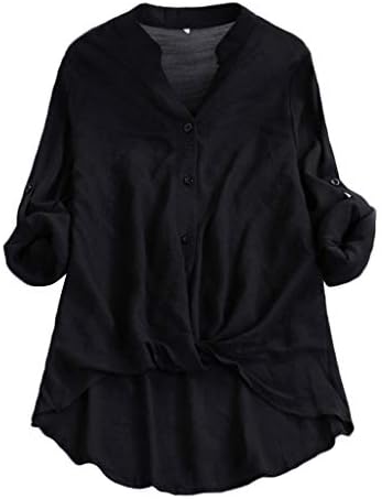 Womens Tops for Summer,Women Cotton Linen Casual Solid Long Short Sleeve T Shirt Blouse Button Down Top