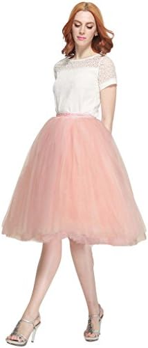Nemobridal Women's 7 Layer Short Elastic Waistband Tutu Princess Tulle Midi Skirt L/XL Peach