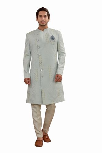 Indian Designer Wedding Festive Wear Men's Jacquard Fabric Indo-Western Sherwani Pajama Set