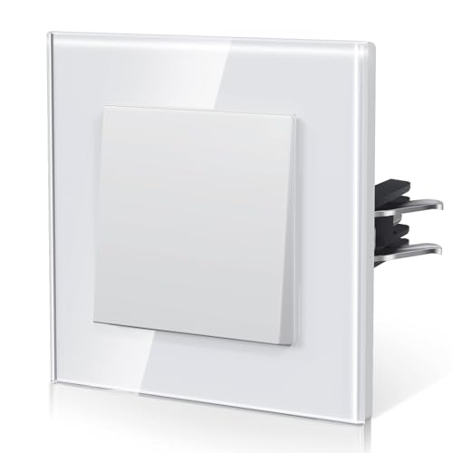 BSEED Light Switch With Glass, Wall Light Switch with Hook,Switch Switch,Push Button,Easy Installation,E-Series,1 Gang 1 Way,86 mm White