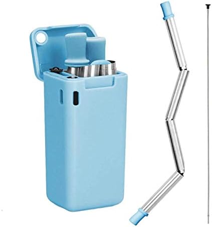 Collapsible Reusable Drinking Straws Stainless Steel Premium Food-Grade Folding Drinking Straws Keychain Portable Set with Hard Case Holder & Cleaning Brush(Blue)