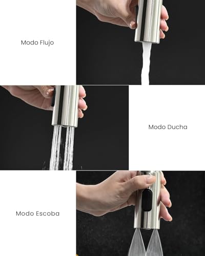 APPASO Grifo de cocina, SUS304 grifo de acero inoxidable con pull down pulverizador de 3 modos, grifo monomando de fregadero níquel cepillado (Sin dispensador de jabón)