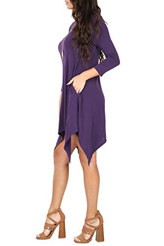 iliad USA P1136 Womens 3/4 Sleeve Hankerchief Hem Pockets Casual T-Shirt Dress Eggplant XL