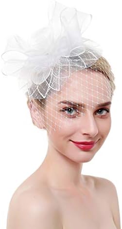 MEILIS Flower Cocktail Tea Party Headwear with Veil Feather Fascinators Derby Hat for Girls and Women