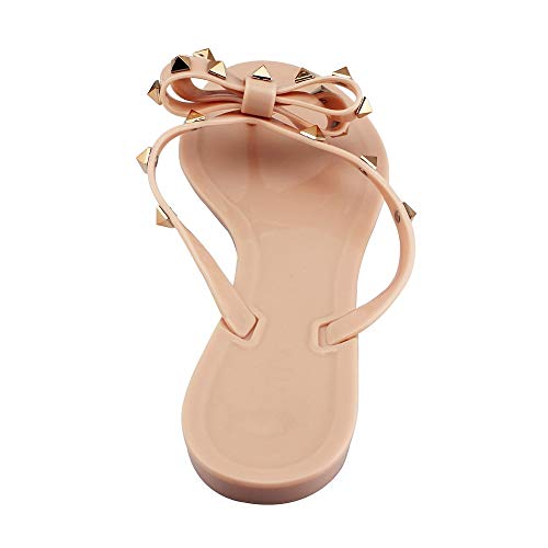 Utop Women’s Rivets Bowtie Flip Flops Jelly Thong Sandal Rubber Flat Slipper Summer Beach Rain Shoes Womens Gold Rivet Studded Bow Jelly Thong Flip Flop Sandals (US7.5=EU39=24.5CM, Beige Pink)
