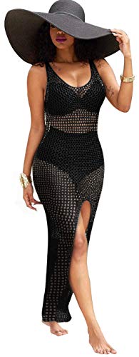 Women Sexy Bikini Cover Up Casual Scoop Neck Sleeveless Bodycon See Through Crochet Stretch Swimwear Summer Beachwear Pencil Dress Split