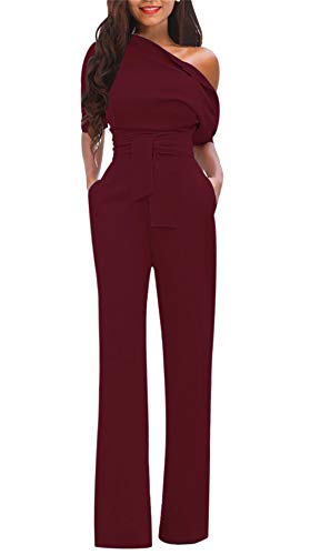 VLUNT Womens Elegant Solid Off Shoulder High Waisted Jumpsuit Romper with Belt for Party Club - Thumbnail 7