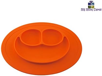 Silicone Happy Face Shape Place Mat for Kids Children Toddlers Babies Highchair Feeding Tray Kitchen Dining Table with Built in Plate 3 Sections Compartment Portable Non Slip Surface (Orange)