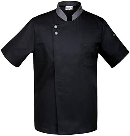 Chef Coat Jacket Uniform with Concealed Snap Front Placket Grey Collar Black and White