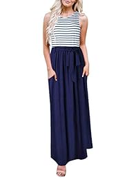 MEROKEETY Vestido largo de verano para mujer, sin mangas, cuello redondo, con bolsillos