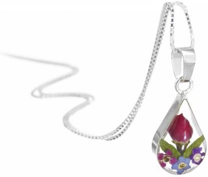 Sterling Silver Jewelry Set: Real Flower Pendant & Earrings - tiny Rosebud - Teardrop - in giftbox