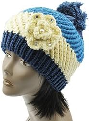 Women's Blue Pom Pom Winter Beanie Hat with Floral Pattern. 100% Polyester. ONE Size.