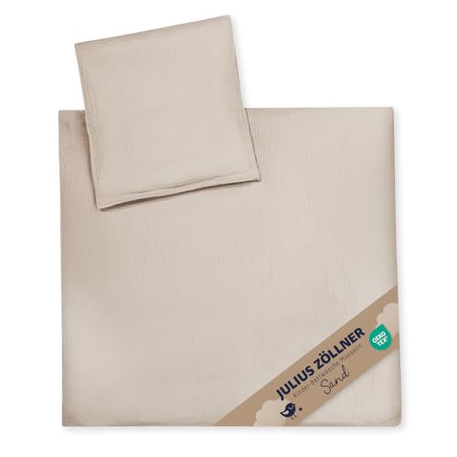 Julius Zoellner Muslin Childrens Bed Linen 80 x 80 + 35 x 40 cm, 2-Piece Set Consisting of Duvet Cover and Pillowcase, 100% Cotton Muslin, with Zip, Standard 100 by Oeko-TEX, Sand