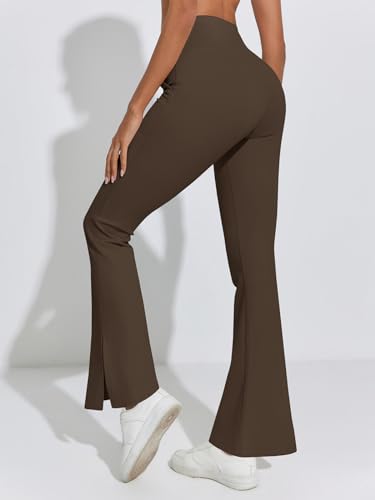 YWYXHZHA WOMEN’S CASUAL CROSSOVER WAIST FLAIR LEGGINGS FLARED BELL BOTTOM LEGGINGS WITH POCKET (BROWN, XX-LARGE)