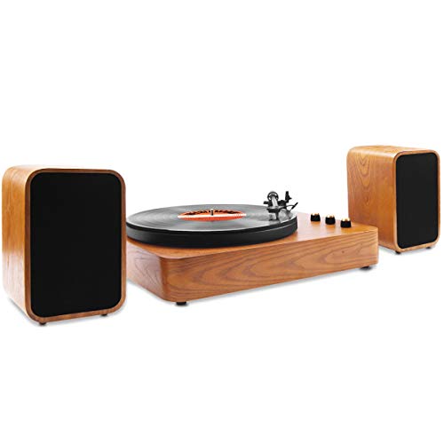 Voksun 3-Speed Precision Turntable with Dual 15 Watt Speakers, High Fidelity Vinyl Record Player with Magnetic Cartridge, Belt-Drive, Bluetooth, Natural Walnut