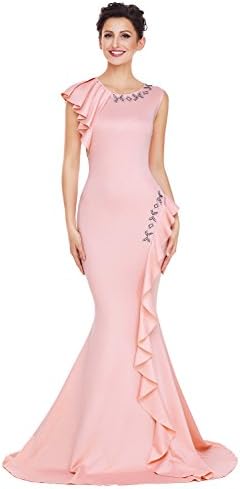 Queen Area Women's Elegant Sleeveless Ruffle Detail Long Formal Mermaid Evening Prom Dresses (US 12-14)L