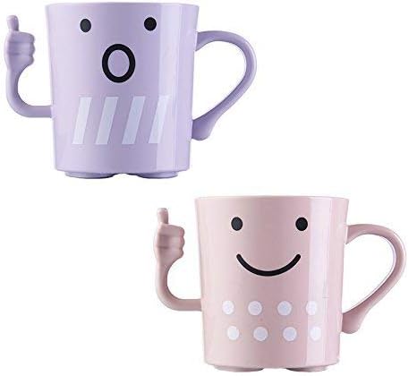 CRIVERS 2pc Cute Tooth Mug/Tooth-Brush Cup, Cartoon-Style Toothbrush Holders Bathroom Tumbler/Gargle Cup/Rinse Mug with Unique Thumbs-up Handle for Kids Couple Lovers (Pink+Purple)
