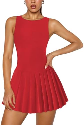 red tennis dress with shorts Women Seamless Tank Athletic Dress Pleated Golf Dress with Built in Shorts and Bra Attraco