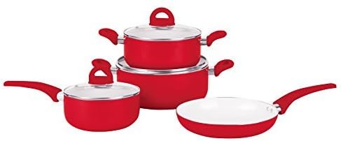 Ragalta RALC-037R 7 Piece Pressed Aluminum Cookware Set with Bakelite Handles and Glass Lids, Medium, Red by Ragalta