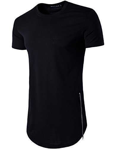 WHATLEES Mens Casual Slim Fit Crew Neck Short Sleeve Longline T Shirt with Side Zipper T36 Black Medium