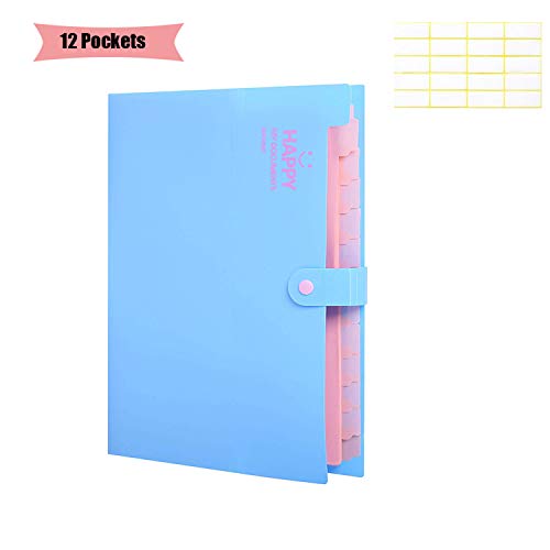 File Folder Organizer 12 Pockets Expanding File Folder with 20 Pcs Labels A4 Paper Letter Size Portable Accordion Document Organizer for Business Office School Home (Blue)