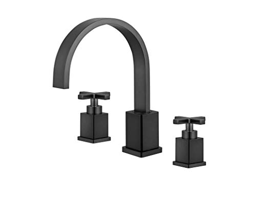 Etel Two Handle Black Widespread Bathroom Faucet, 3 Hole Widespread Bathroom Lavatory Sink Faucet, 8 Inch High Arc Cross Handle Roman Tub Faucet with Pop Up Drain Y6899