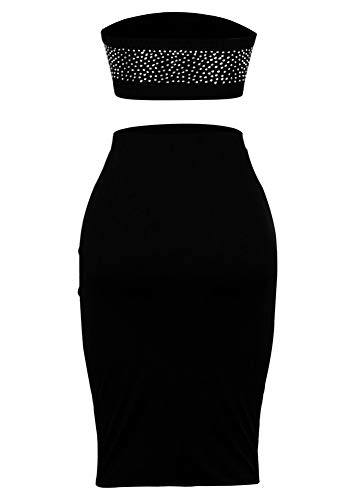Women Sequin Dress Suit - Sexy Strapless Tube Crop Top Midi Skirt Set Two Piece Party Club Outfit Black S