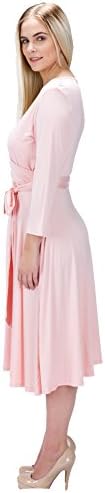 Auditions Women's Wrap Dress A Line Fit and Flare 3/4 Sleeve V Neckline Dress (M, PINK)